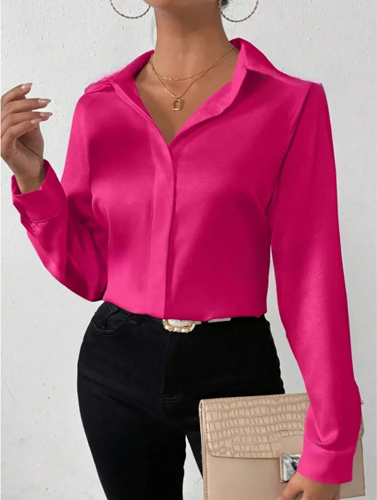 Women's Satin Silk like Long sleeved Shirt Rose - Shop at LoveMi