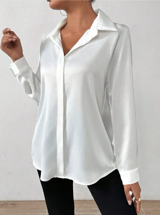 Women's Satin Silk like Long sleeved Shirt White - Shop at LoveMi