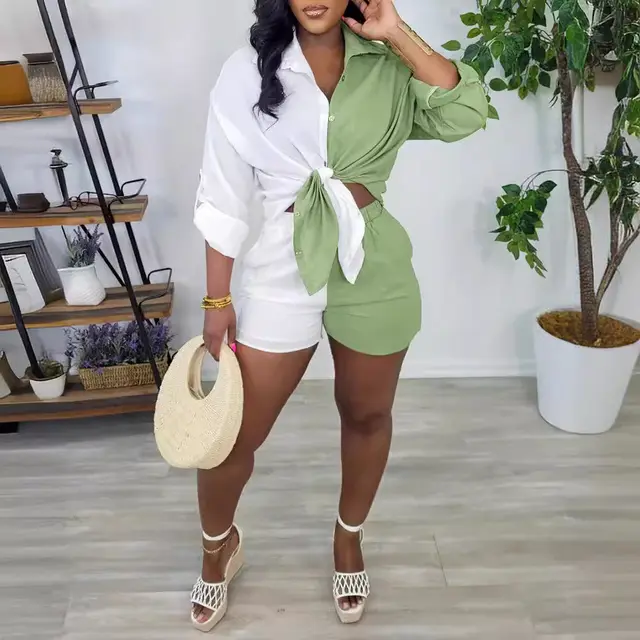 Color Matching Casual Long Sleeve Shirt Shorts Suit Green - Shop at LoveMi