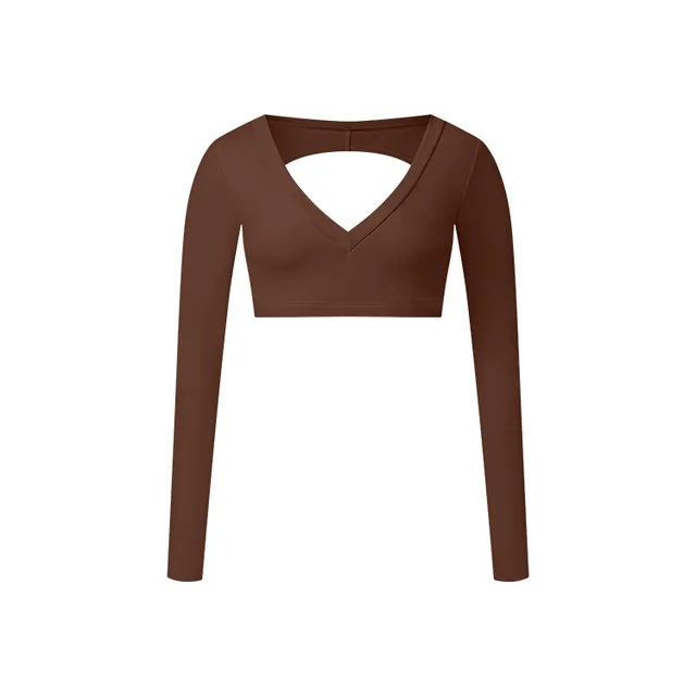 Long T Deep V Shaping Back Hollow out Short Top Van Dyke Brown - Shop at LoveMi