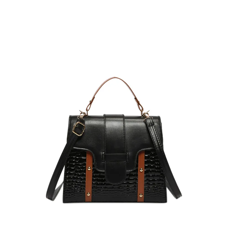 Contrast Color Alligator Print Handbag Retro Style Black - Shop at LoveMi