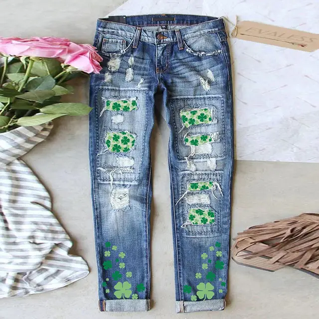 Women's Four leaf Clover Printed Patch Ripped Jeans Blue - Shop at LoveMi
