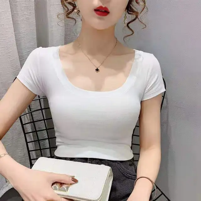 Women's Inner Wear Outer Wear Spring Summer Slim fit Top Bottoming Shirt Short Sleeve Cloud White - Shop at LoveMi