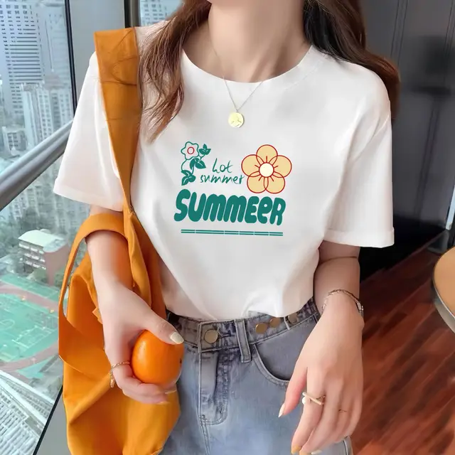 Round Neck Western Style Printed Versatile Harajuku Style Top Pure Cotton Summer Flowers - Shop at LoveMi