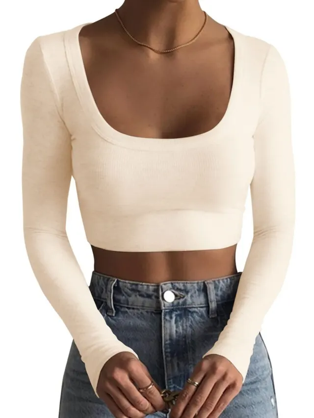 Round Neck Long Sleeve Cotton Ultra Short Slim Fit Slimming T shirt Apricot - Shop at LoveMi