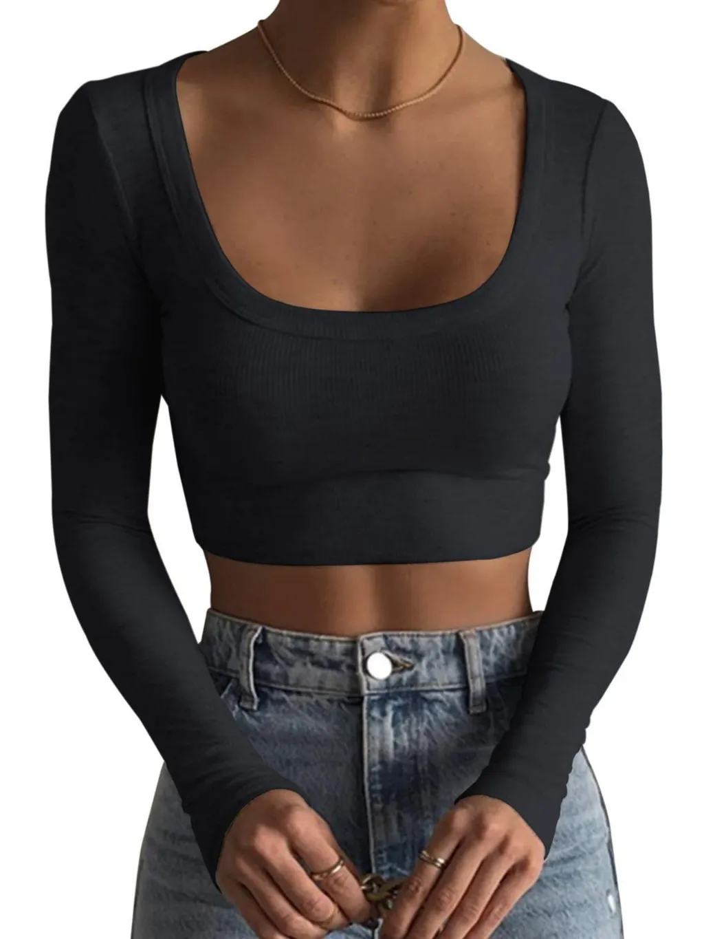 Round Neck Long Sleeve Cotton Ultra Short Slim Fit Slimming T-shirt - Black