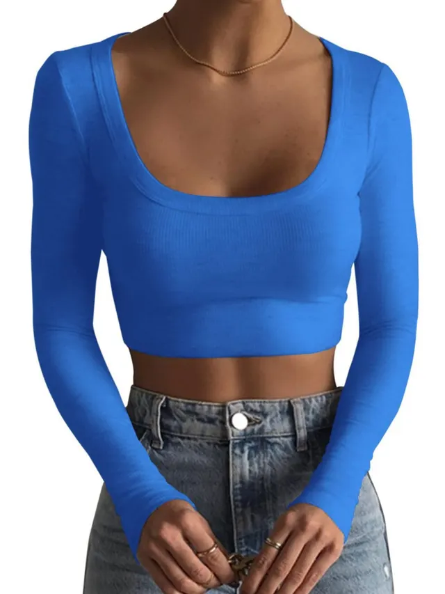 Round Neck Long Sleeve Cotton Ultra Short Slim Fit Slimming T shirt Cretin Blue - Shop at LoveMi