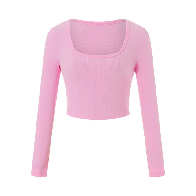 Round Neck Long Sleeve Cotton Ultra Short Slim Fit Slimming T shirt Pink - Shop at LoveMi