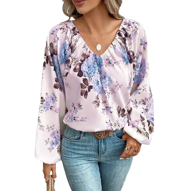 Women's Pullover V neck Long sleeved Chiffon Shirt European And American Top Lc25123093 Purple - Shop at LoveMi