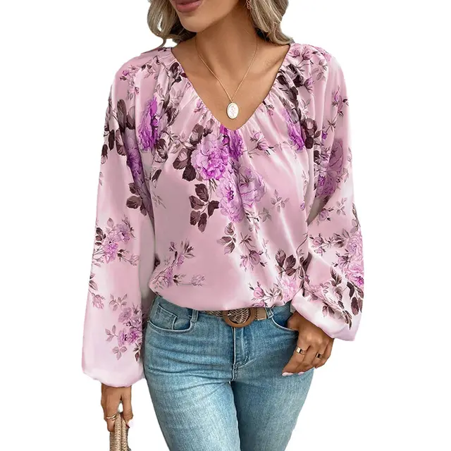 Women's Pullover V neck Long sleeved Chiffon Shirt European And American Top Lc25123093 Rose Red - Shop at LoveMi