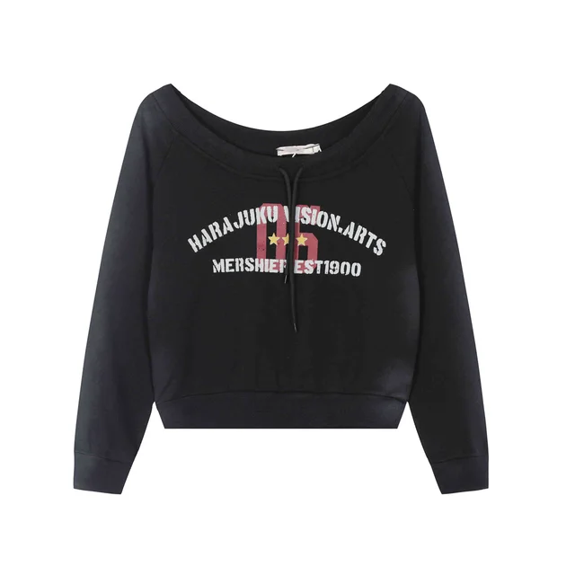 Retro Shoulder Drawstring Letter Printed Crew Neck Sweatshirt Women's Top Black - Shop at LoveMi