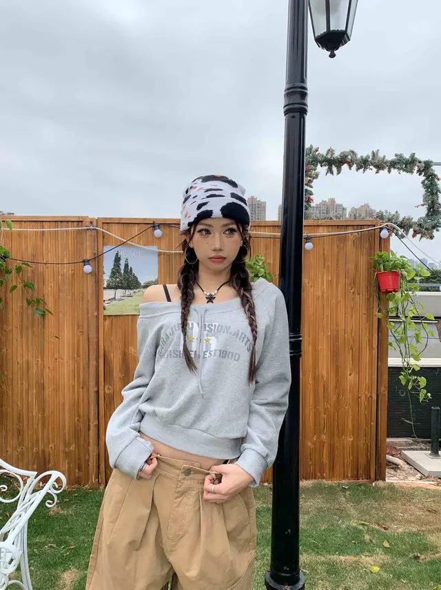 Retro Shoulder Drawstring Letter Printed Crew Neck Sweatshirt Women's Top Gray - Shop at LoveMi