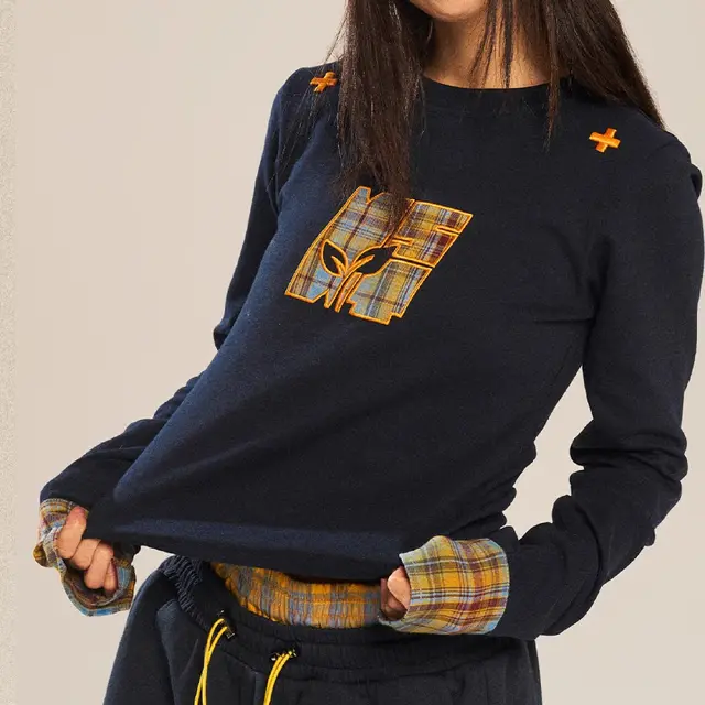 Sprout Plan Checkered Cloth Cover Long Sleeve Female Navy Blue - Shop at LoveMi