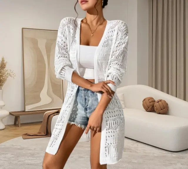 Loose Collarless Commuter OL Dignified Hollow Knitted Sun protective White - Shop at LoveMi