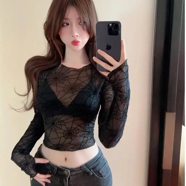 Mesh See through Thin Slim Fit Slimming Short Top Women Black - Shop at LoveMi