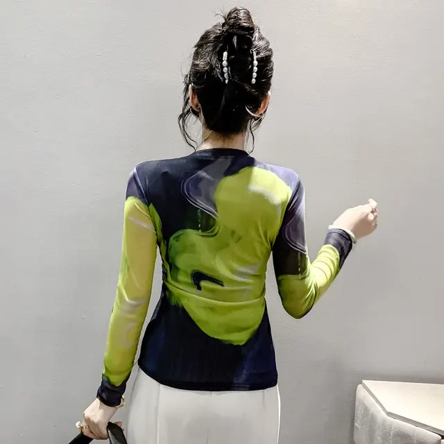 Fall Winter Fashion Voile Printing Long Sleeve Round Neck Top Picture Color - Shop at LoveMi