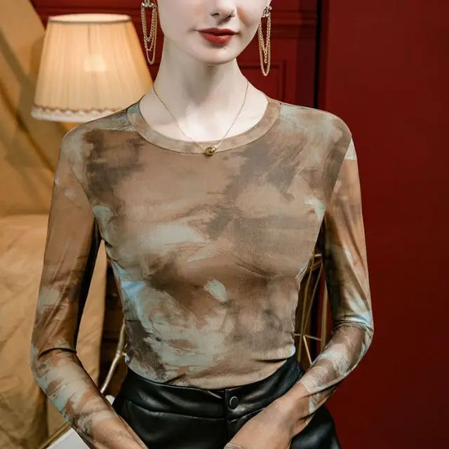 Retro Mesh Bottoming Shirt Slim Fit Slimming Brown - Shop at LoveMi