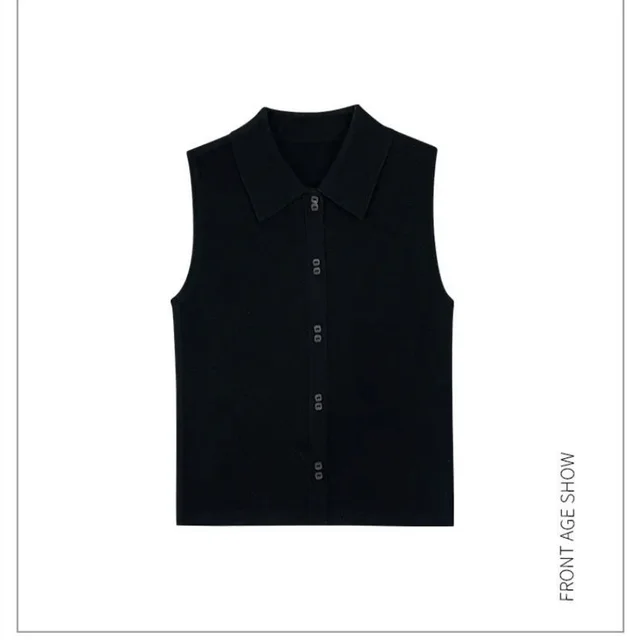 Shirt Collar Knitted Vest For Women New Autumn And Winter Base Black - Shop at LoveMi