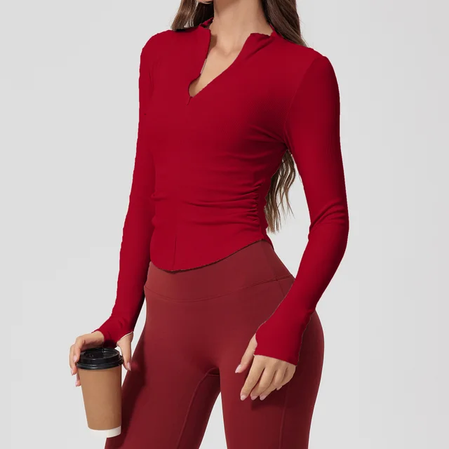Tight Nude Feel Long Sleeve Thread T shirt Yoga Clothes Outdoor Sports Top Ankela Red - Shop at LoveMi