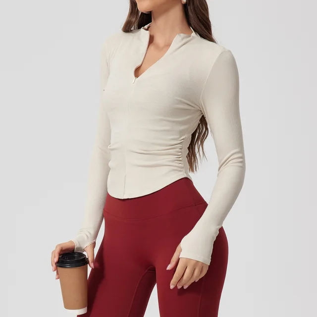 Tight Nude Feel Long Sleeve Thread T shirt Yoga Clothes Outdoor Sports Top Milk Apricot - Shop at LoveMi
