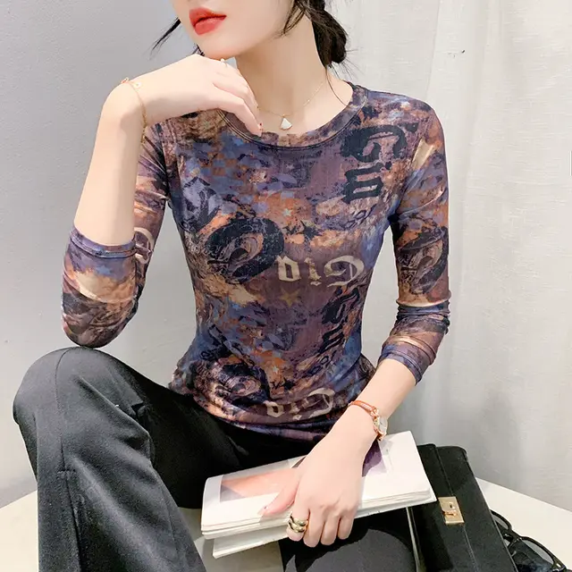 Fall Winter Fashion Voile Printed Long Sleeve Round Neck Slim fit Tops Picture Color - Shop at LoveMi
