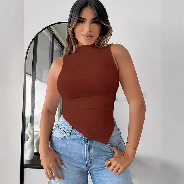 Solid Color Rib Fabric Thread Stretch Women's Sleeveless Knitted Top Brown - Shop at LoveMi