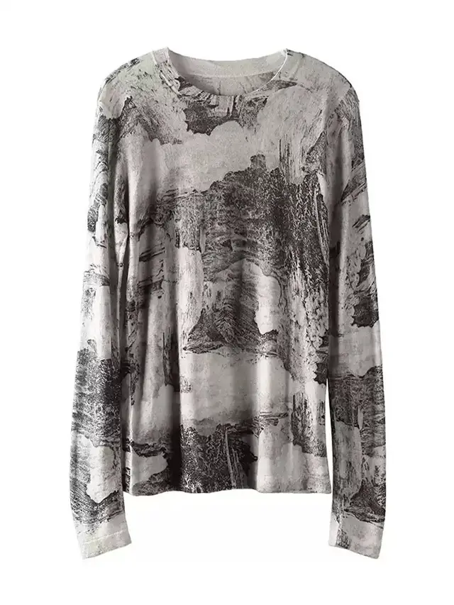 Blooming Printed Round Neck Long Sleeve Cashmere Bottoming Shirt Autumn Gray - Shop at LoveMi