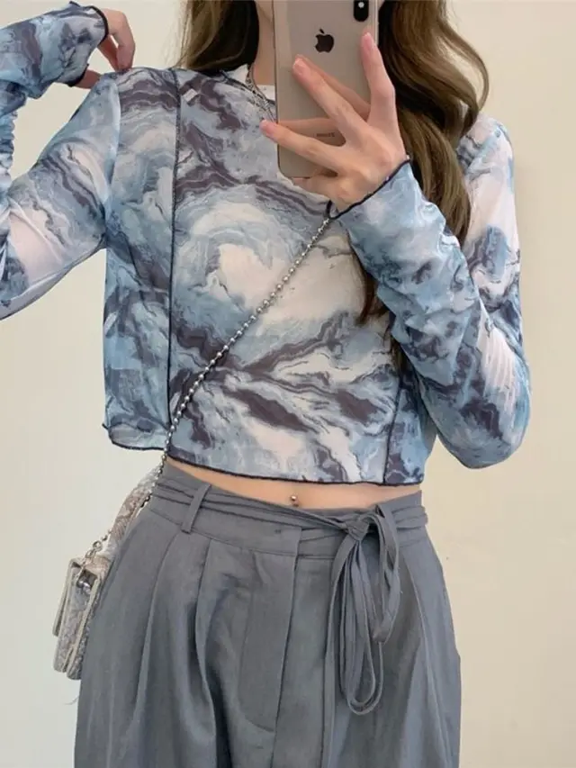 Summer New Short Tie dyed Bottoming Shirt For Women Underwear Crew Neck Lnk Blue - Shop at LoveMi