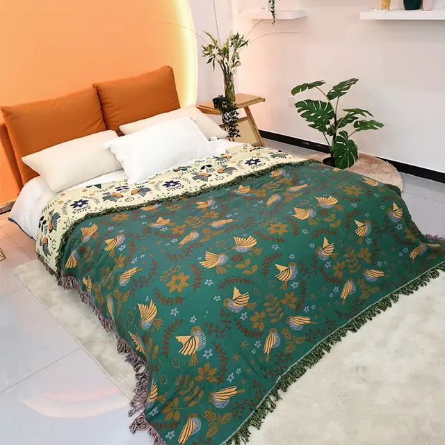 Pure Cotton Gauze Towel Quilt Tassel Sofa Towel Green Flower And Bird Style - Shop at LoveMi