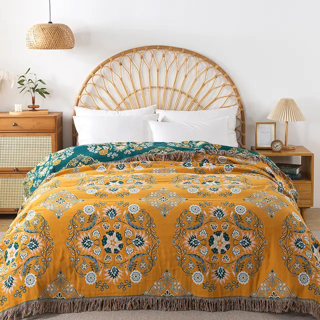 Pure Cotton Gauze Towel Quilt Tassel Sofa Towel Yellow Flower Language - Shop at LoveMi