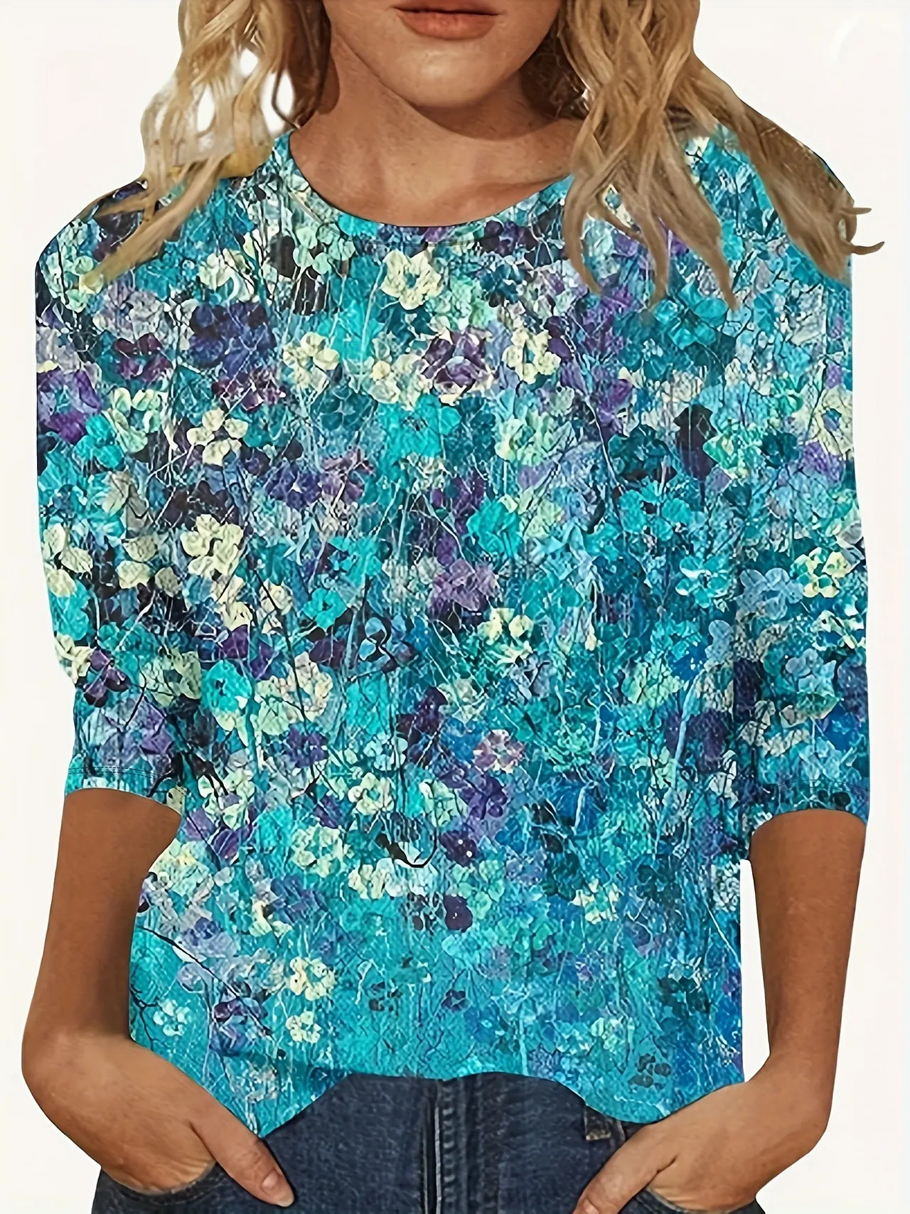 European And American Flower Plant Printed Round Neck Long Sleeve - 4Color