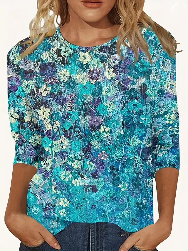 European And American Flower Plant Printed Round Neck Long Sleeve 4Color - Shop at LoveMi