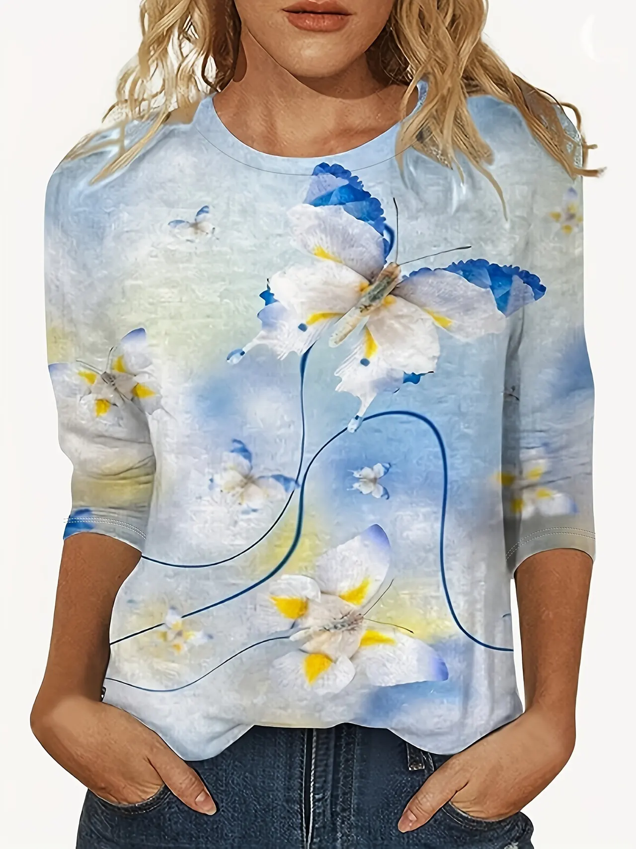European And American Flower Plant Printed Round Neck Long Sleeve - 8Color