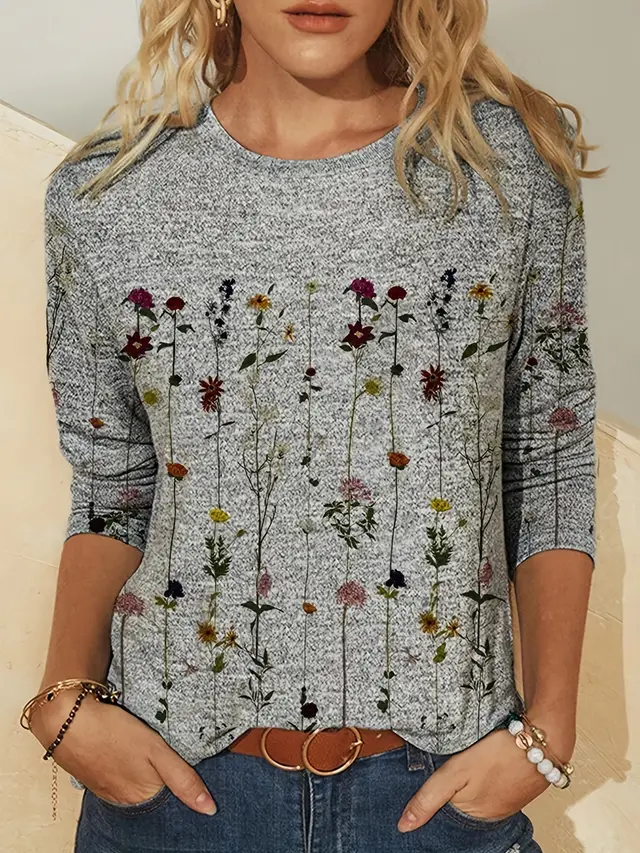 European And American Flower Plant Printed Round Neck Long Sleeve Gray - Shop at LoveMi