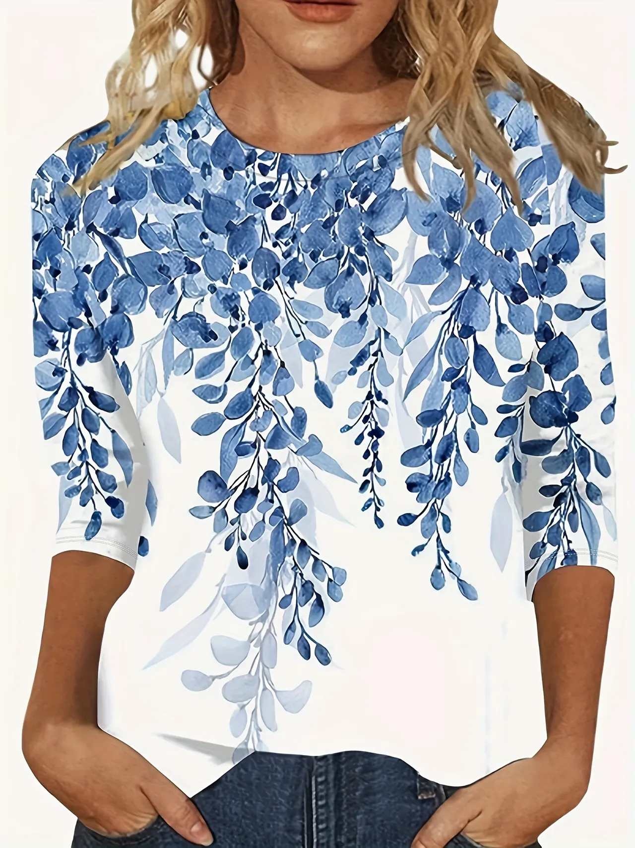 European And American Flower Plant Printed Round Neck Long Sleeve - White