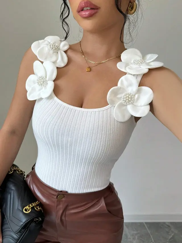 European And American Fashion Casual Three dimensional Flower Decorative Knitted Sleeveless Top White - Shop at LoveMi