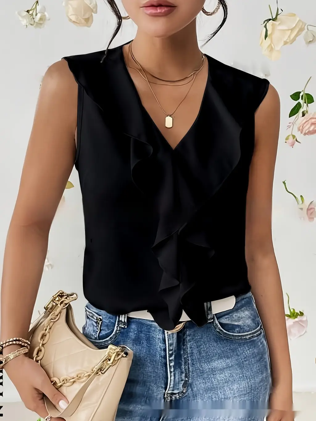 Pure Color Ruffles Sleeveless Chiffon Shirt - Black