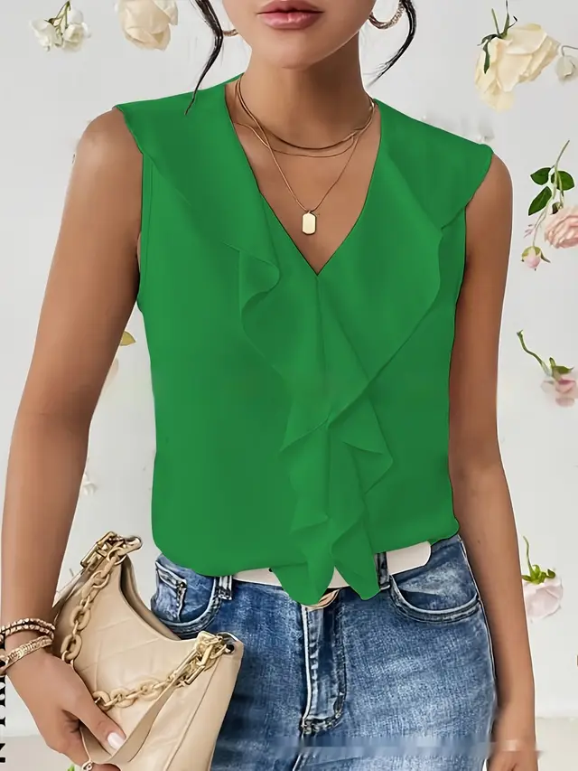 Pure Color Ruffles Sleeveless Chiffon Shirt Green - Shop at LoveMi