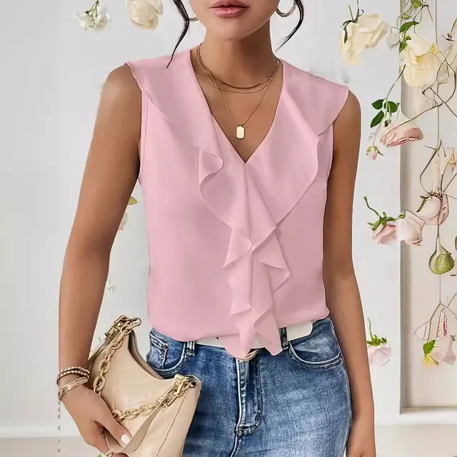 Pure Color Ruffles Sleeveless Chiffon Shirt Pink - Shop at LoveMi