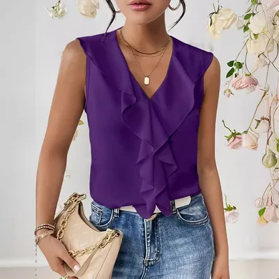 Pure Color Ruffles Sleeveless Chiffon Shirt Purple - Shop at LoveMi