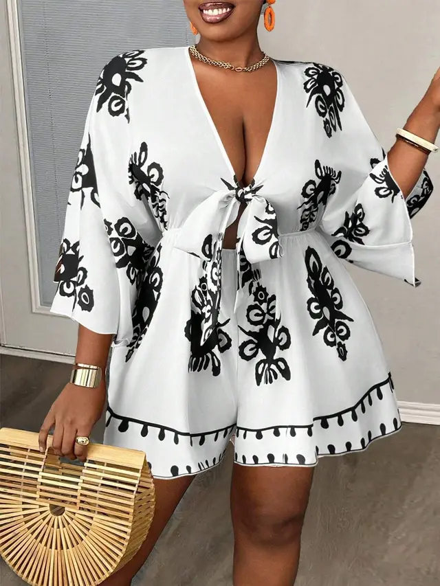 European And American Fashion Casual Bell Sleeve Women's V neck Printed Clothes White - Shop at LoveMi