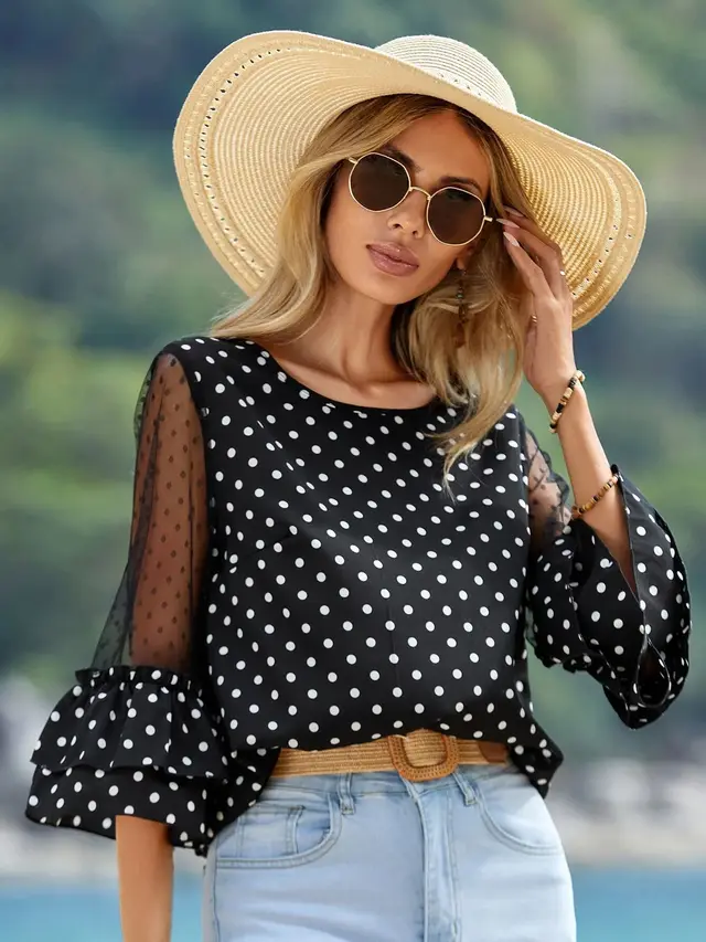 European And American Loose Casual Bell Sleeve Polka Dot Lace Patchwork Round Neck Top Black - Shop at LoveMi
