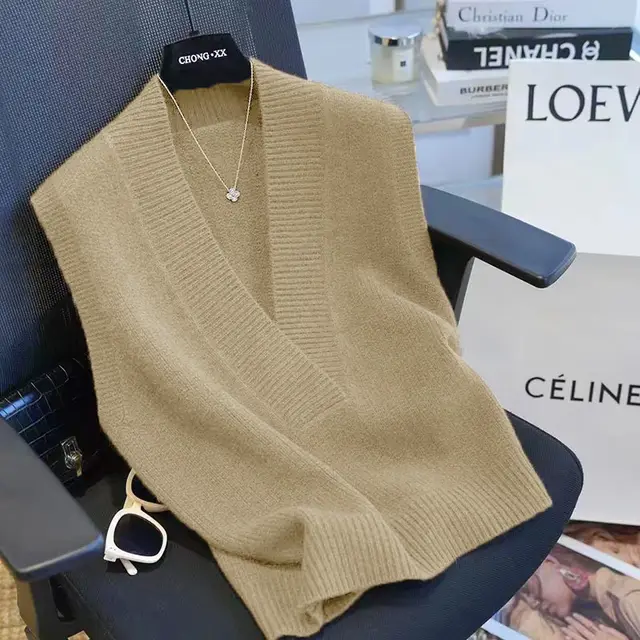 Large V neck Loose Slimming Inner Wear Sleeveless Sweater Vest Apricot - Shop at LoveMi