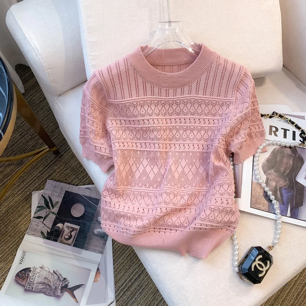 Design Sense Hollow out Elegant Short Knitwear Pink - Shop at LoveMi