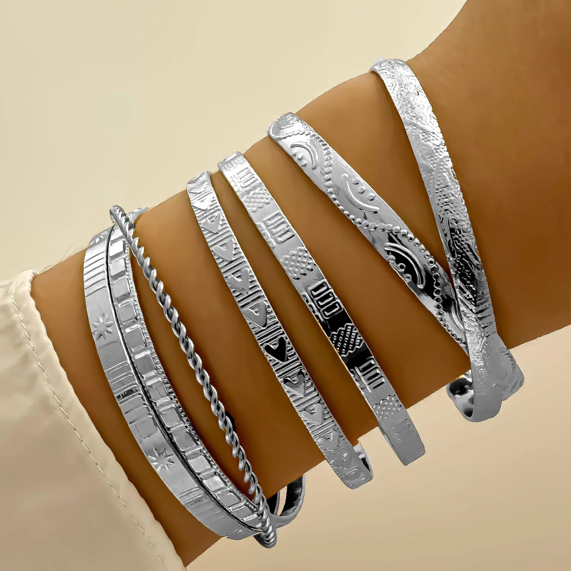 5- Bracelet Set Creative Simple Temperament Lady Twisted Hip Hop Style Bracelet - 7Piece Set Bracelet Silver