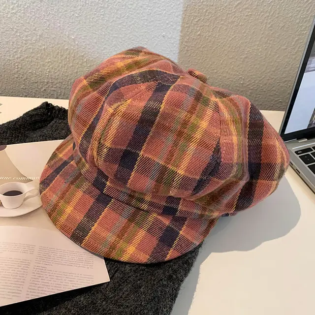 Retro Colored Plaid Clouds Beret Women Orange Pink Plaid - Shop at LoveMi