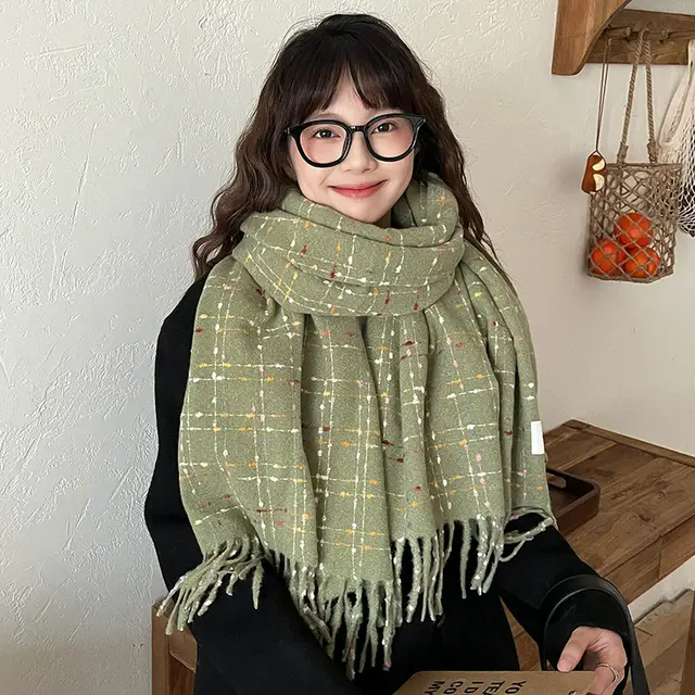 Black Plaid Artificial Cashmere Scarf Women Dark Green - Shop at LoveMi