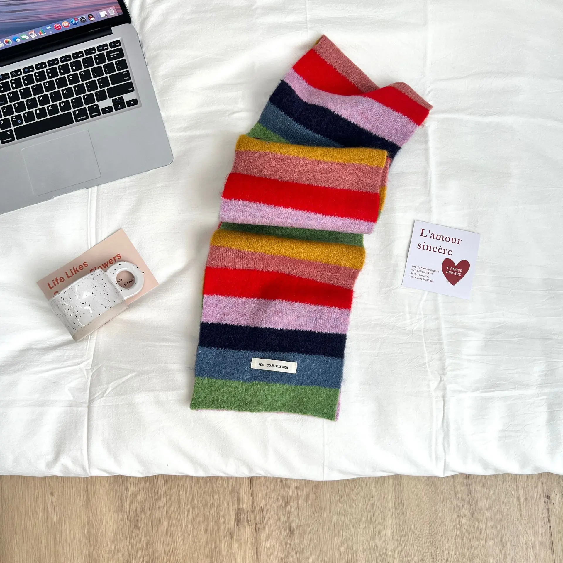 Women's Fashion Color Contrast Striped Retro Scarf - Rainbow Color