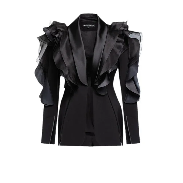 Black Three dimensional Patchwork Ruffled Suit Asymmetric Slim Fit Slimming Black - Shop at LoveMi