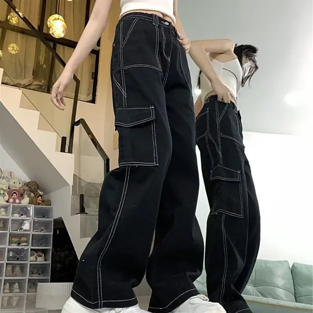 Jeans Women's Straight Loose Spring Wide leg Overalls Black - Shop at LoveMi